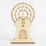 Calendário de madeira com roda de meses, dias e dias da semana, e indicador de data, em estilo minimalista e natural.