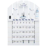 Quadro de calendário de janeiro com dias da semana e datas, decorado com pequenos aviões e balões de ar quente.