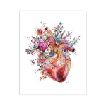 Coração humano rodeado de flores coloridas, com detalhes de folhas e ramos, em estilo artístico aquarela.