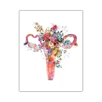 Ilustração colorida de um útero com flores e folhas, combinando elementos de anatomia feminina e natureza em estilo artístico.