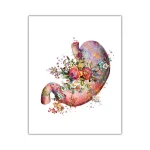 Estômago decorativo com flores, cores vibrantes e detalhes artísticos, visto de frente com fundo branco.