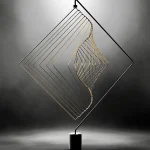 Escultura de metal com formas geométricas suspensas, apoiada num suporte de mesa preto, com fundo cinzento uniforme.
