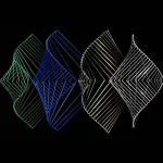 Quatro estruturas de luzes LED em diferentes cores e formas, com linhas brilhantes sobre fundo preto, criando efeito visual futurista e artístico.