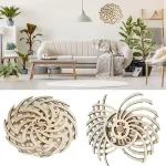 Modelos de objetos decorativos de madeira com design em espiral, vistos de diferentes ângulos, com detalhes internos visíveis.