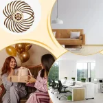 Duas mulheres sorridentes trocam um presente numa sala decorada com balões dourados e uma parede branca, com uma iluminação suave e ambiente festivo.