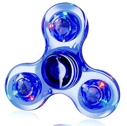 Fidget spinner transparente com três braços, cada um com uma esfera de LED azul que acende ao girar.