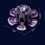 Mini motor elétrico de bancada com dimensões de 8cm por 2,5cm, em cores preto e roxo, com componentes metálicos visíveis e base de suporte.