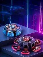 Duas drones de combate futuristas com design hexagonal, luzes LED azuis e vermelhas, colocados sobre uma superfície escura com fundo de neon.