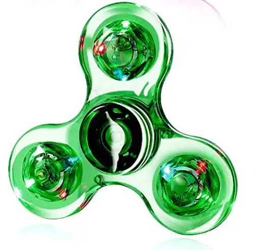 Fidget spinner transparente com três braços, cada um com uma esfera de LED verde que acende, visto de cima.