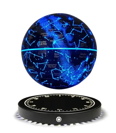 Globo terrestre de estrelas com constelações visíveis e base de controlo circular.