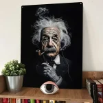 Retrato de Einstein com cabelo despenteado, cigarro na boca e fumaça a sair, fundo preto, estilo artístico realista.