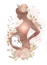 Silhueta de uma mulher grávida rodeada de flores, com uma ilustração de um bebé no ventre e uma rosa.