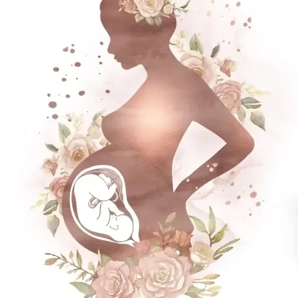 Silhueta de uma mulher grávida rodeada de flores, com uma ilustração de um bebé no ventre e uma rosa.