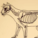Esqueleto de gato ilustrado, mostrando a estrutura óssea do crânio, coluna vertebral, costelas e membros, com detalhes anatómicos claros.