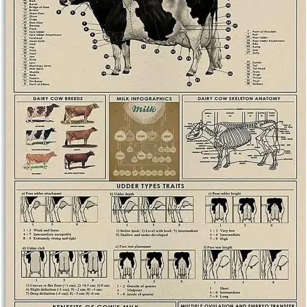 Diagrama detalhado de uma vaca leiteira com partes do corpo, raças, anatomia, traços de diferentes tipos, benefícios do leite e transferência de embriões.