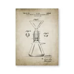 Esquema antigo de equipamento de laboratório com detalhes de partes e inventor, em estilo de desenho técnico.