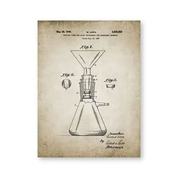 Esquema antigo de equipamento de laboratório com detalhes de partes e inventor, em estilo de desenho técnico.