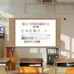 Quadro explicativo do espectro eletromagnético com diferentes tipos de ondas, incluindo luz visível, rádio, micro-ondas e raios X, com cores e diagramas.