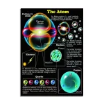 Diagrama colorido do átomo com nuvens de elétrons, prótons, nêutrons e quarks, com explicações detalhadas e diferentes ângulos.