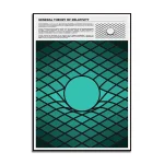 Poster com gráfico de uma esfera e malha de espaço-tempo, explicando a teoria da relatividade de Einstein.