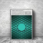 Cartaz com título 'General Theory of Relativity' e ilustração de uma esfera sobre uma grade curvada, representando espaço-tempo.