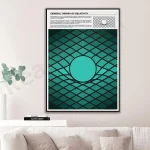 Quadro decorativo com representação gráfica da teoria da relatividade de Einstein, com linhas de espaço-tempo e uma esfera central.