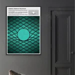 Cartaz com gráfico de espaço-tempo distorcido e texto explicativo sobre a teoria da relatividade de Einstein.