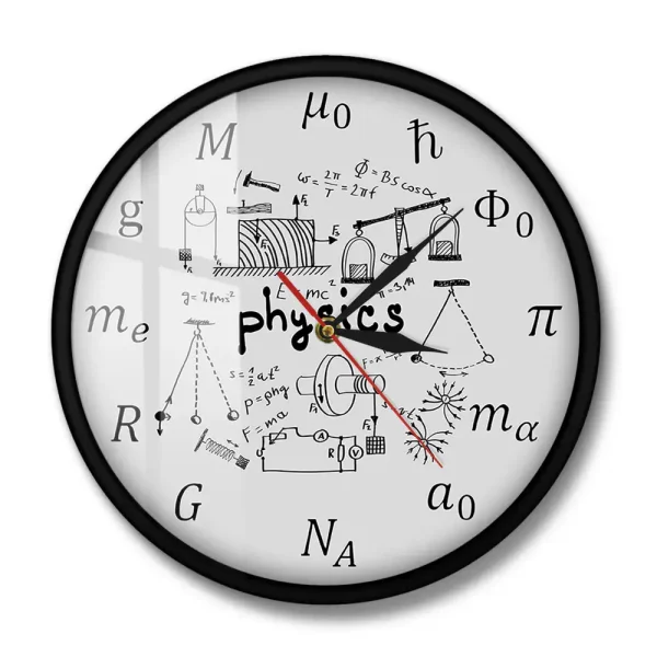 Relógio de parede com fundo ilustrado de fórmulas e diagramas de física, incluindo a palavra 'physics' no centro e ponteiros tradicionais.