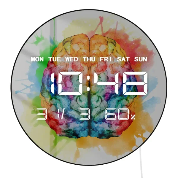 Relógio digital com fundo de cérebro pintado com cores vibrantes, mostrando o dia da semana, hora, data e porcentagem de bateria.