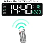 Relógio digital de 16 polegadas com display grande, mostrando hora, temperatura e data, acompanhado de um controlo remoto para ajuste fácil.