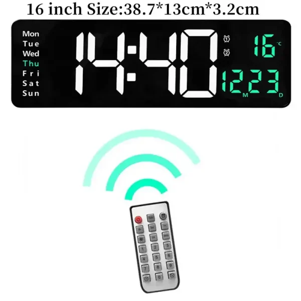 Relógio digital de 16 polegadas com display grande, mostrando hora, temperatura e data, acompanhado de um controlo remoto para ajuste fácil.