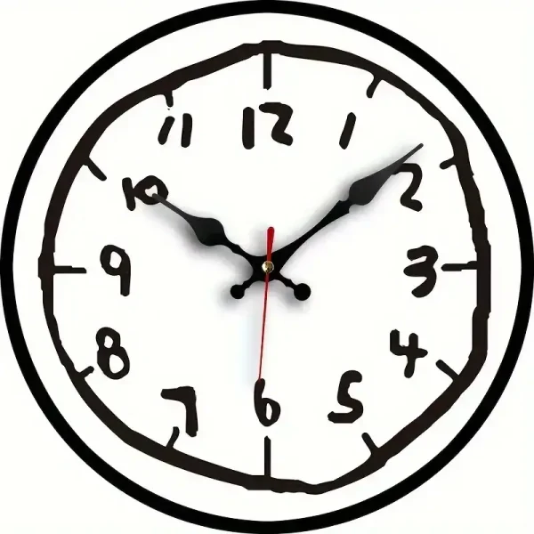 Relógio de parede com números grandes, ponteiros pretos e fundo branco, mostrando a hora 10:10.