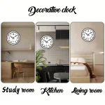Três relógios decorativos em diferentes ambientes: estudo, cozinha e sala de estar, cada um com design distinto e colocados em paredes específicas.