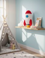 Almofada em forma de foguete com cores vermelha, branca, azul e amarela numa decoração infantil com prateleira e brinquedos.