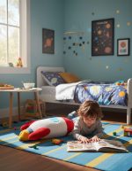 Criança a ler um livro no chão de um quarto decorado com tema espacial, com uma almofada em forma de foguete, parede com posters de planetas e estrelas, e uma cama com roupa de cama de planetas.