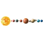 Modelo do sistema solar com o Sol, planetas e anéis, incluindo Júpiter, Saturno, Terra, Marte, Vénus, Mercúrio e Urano, dispostos em linha.
