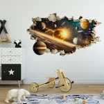 Decoração de parede com efeito de buraco que revela um universo com planetas e estrelas, em uma sala infantil moderna.