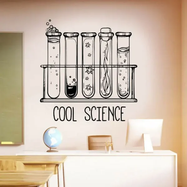 Ilustração de cinco tubos de ensaio com líquidos e bolhas, com a frase 'Cool Science' abaixo, numa parede de sala de aula ou laboratório.