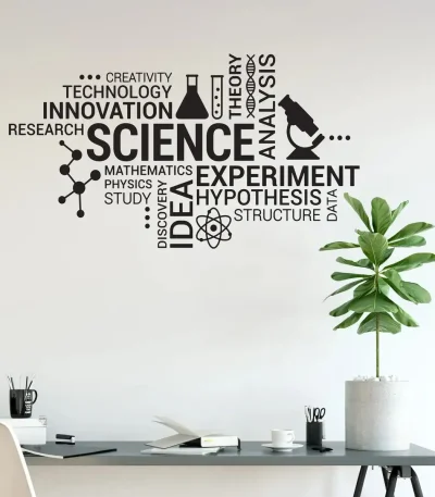Palavras relacionadas com ciência, como 'teoria', 'experimento', 'hipótese', 'matemática' e 'pesquisa', dispostas ao lado de uma planta verde numa parede branca.