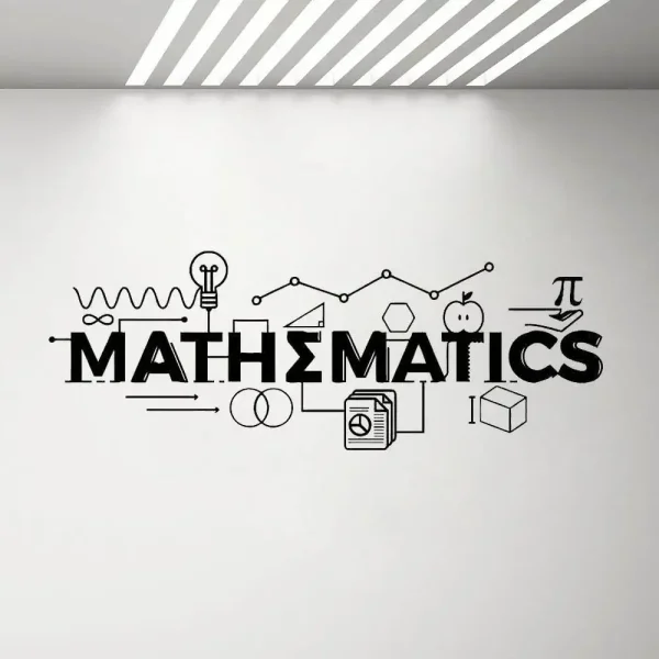 Design de parede com elementos matemáticos, incluindo gráficos, fórmulas, geometria e símbolos relacionados com matemática.