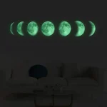 Sequência de fases da Lua iluminada com luz verde, desde a Lua nova até à Lua cheia, exibida numa parede escura.