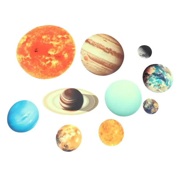 Representação de vários planetas do sistema solar, incluindo o Sol, Júpiter, Terra, Marte, Saturno, Urano, Netuno e Mercúrio, com detalhes visuais distintos.