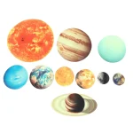 Representação de vários planetas do sistema solar, incluindo o Sol, Júpiter, Terra, Urano, Netuno, Marte, Vénus, Mercúrio e Saturno, com diferentes tamanhos e cores.