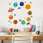 Ilustração colorida do sistema solar com planetas, estrelas, asteroides e o Sol, decorando uma parede de sala de estudo.