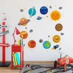 Decoração de parede com planetas, estrelas e o sol com expressões felizes, em cores vibrantes, em um ambiente infantil.