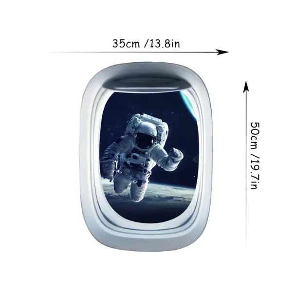 Janela de observação com moldura branca, mostrando astronauta flutuando no espaço com a Terra ao fundo, dimensões indicadas de 35cm por 50cm.