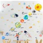 Ilustração colorida do sistema solar com planetas, estrelas, astronauta e foguete, incluindo o Sol, Mercúrio, Vénus, Terra, Marte, Júpiter, Saturno, Urano, Neptuno, Lua e estrelas.