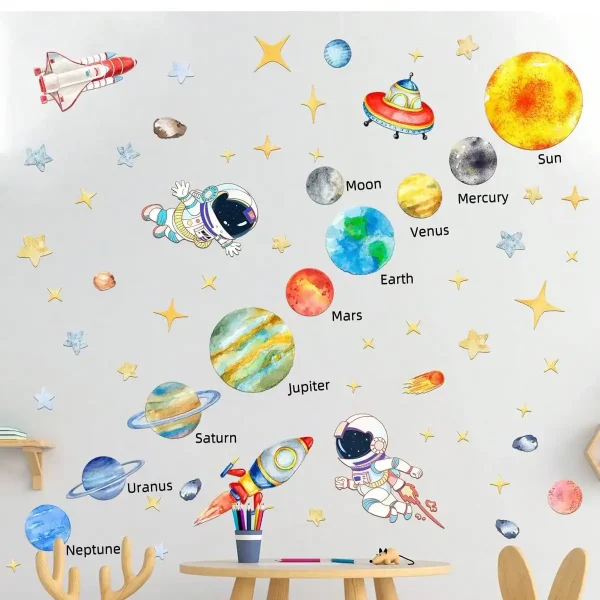 Ilustração colorida do sistema solar com planetas, estrelas, astronauta e foguete, incluindo o Sol, Mercúrio, Vénus, Terra, Marte, Júpiter, Saturno, Urano, Neptuno, Lua e estrelas.