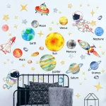 Ilustração do sistema solar com planetas, estrelas, astronautas e nave espacial em parede de quarto infantil.