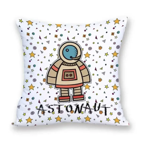 Almofada branca com desenho de astronauta estilizado, rodeada de estrelas coloridas e formas geométricas, com a palavra 'ASTRONAUT' na parte inferior.